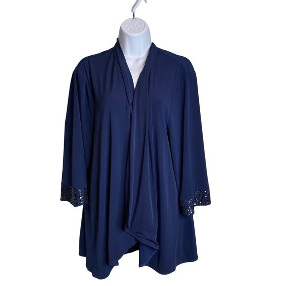 Alex Evenings Women's Navy Blue Draped Open Front Cardigan Size 1X Sequin Sleeve - Picture 1 of 10
